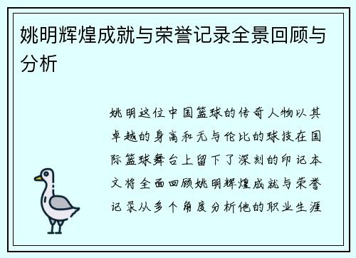 姚明辉煌成就与荣誉记录全景回顾与分析